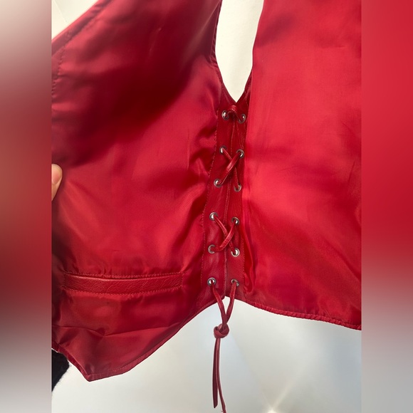 Vintage 90s Red Lace Up Leather Biker Vest Snap Front Size M - Picture 11 of 14